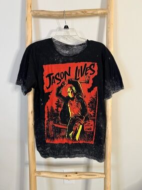 Horror Graphic Tee - "Jason Lives" Black with Red & Yellow Print